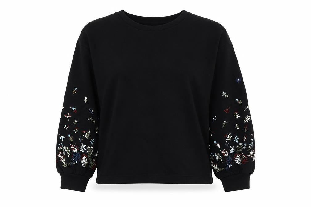 Front view of JDY Women's Black Embroidered Pullover Sweatshirt Medium