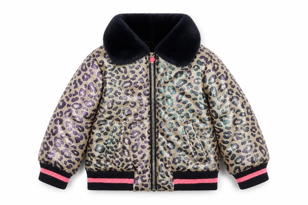 Front view of Billieblush girls’ golden bomber jacket, 2 years, animal print