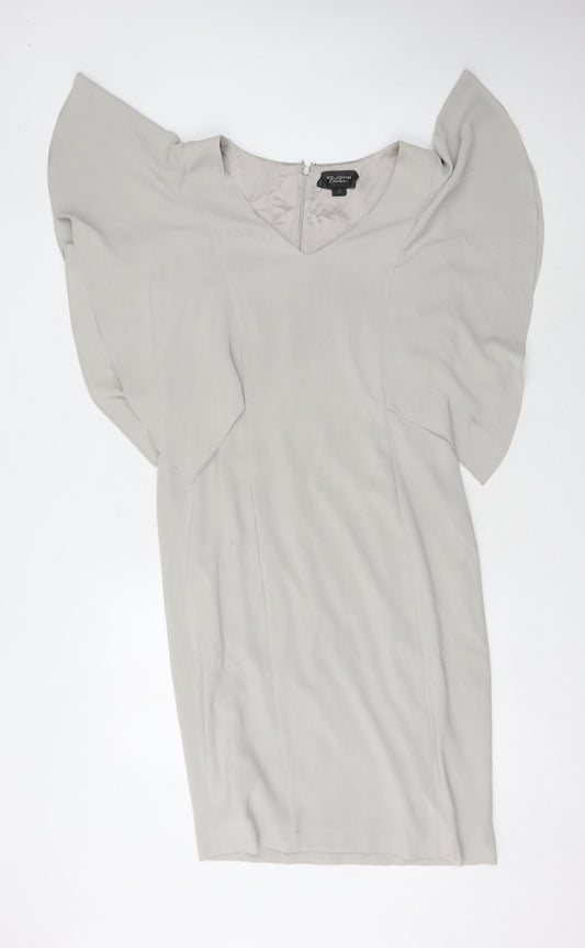 St. John Women's Grey Dress, Size 10, V-Neck, Elegant