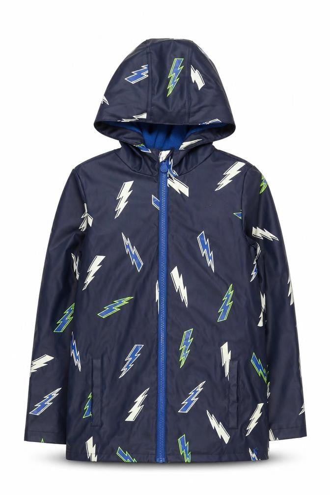 Front view of Jonas boys’ blue lightning rain coat jacket 12 years