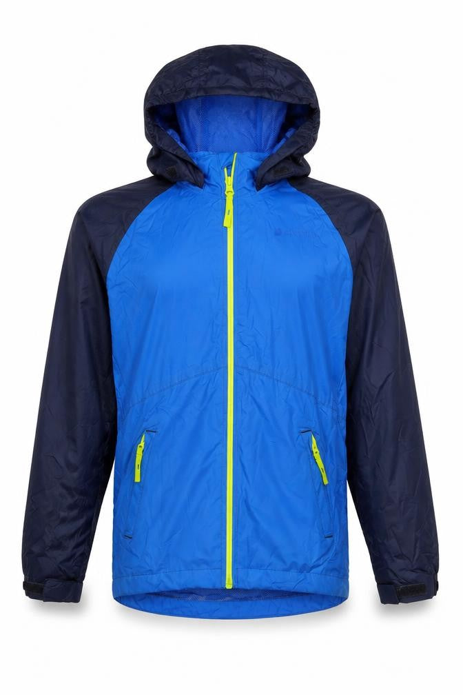 Front view of Mountain Warehouse boys’ blue windbreaker jacket, size 14