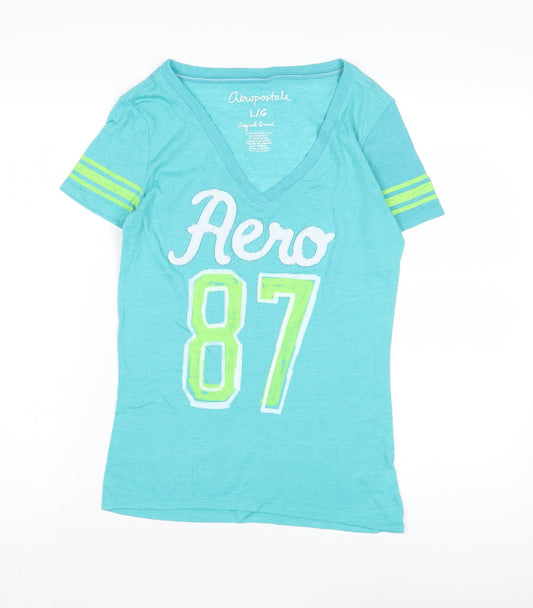 Aeropostale Women's Blue V-Neck T-Shirt, Size L