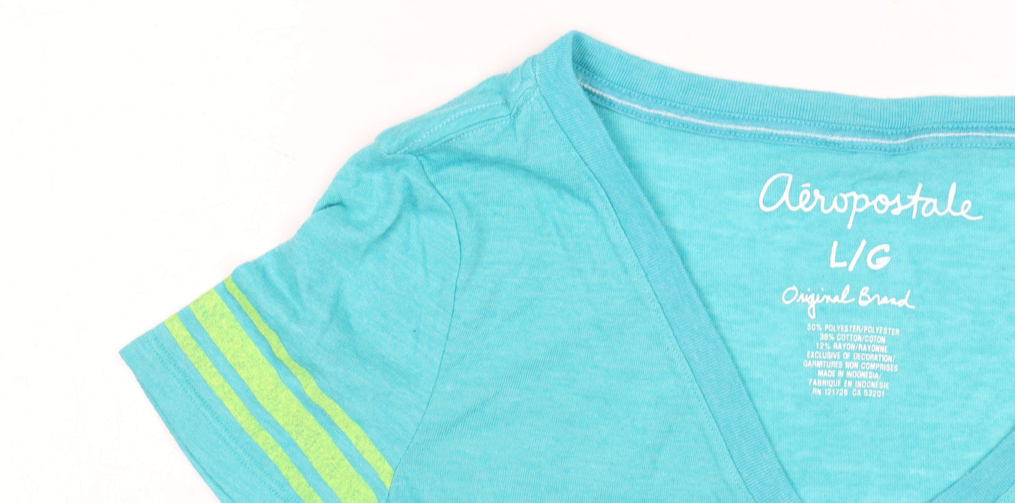 Aeropostale Women's Blue V-Neck T-Shirt, Size L