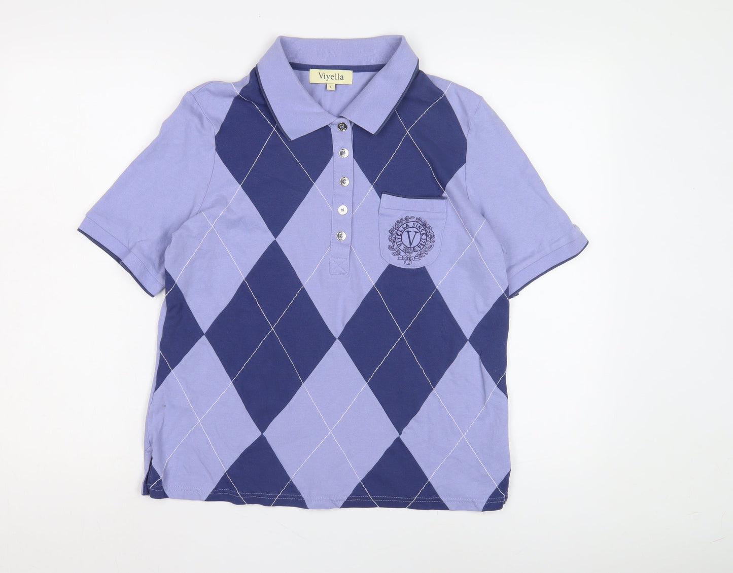 Viyella Women's Blue Polo Shirt L Argyle Pattern