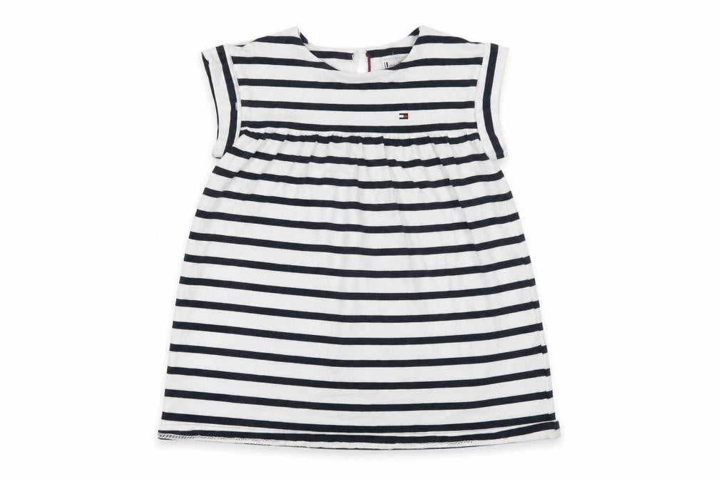 Front view of Tommy Hilfiger girls’ navy striped a-line dress, 24 months