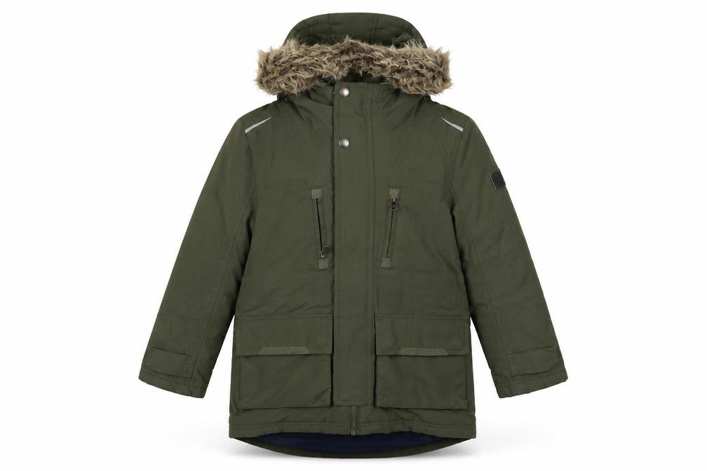 Front view of Regatta girls’' green parka coat, size 6, winter wear