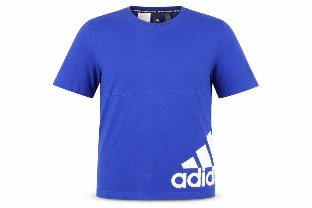 Front view of Adidas boys’ blue t-shirt, size 13-14, years, logo accent