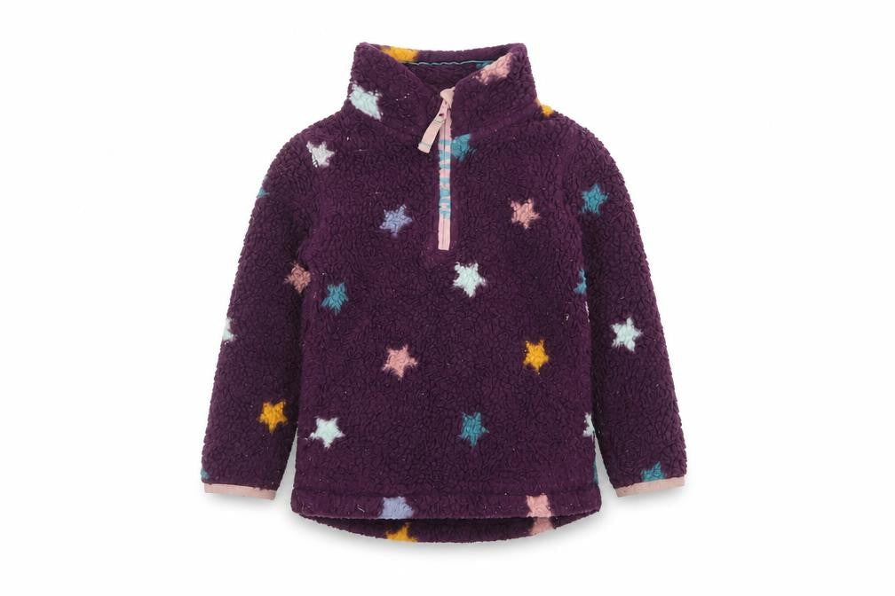 Front view of FatFace girls’ purple star bouclé pullover hoodie, 4-5 years