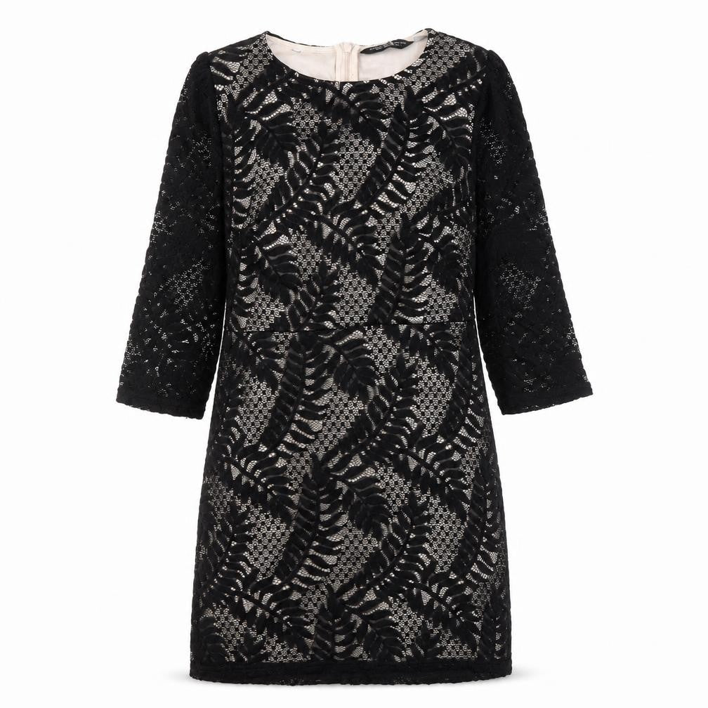 Front view of Dorothy Perkins Black Sheath Dress, size 14, Lace Detail