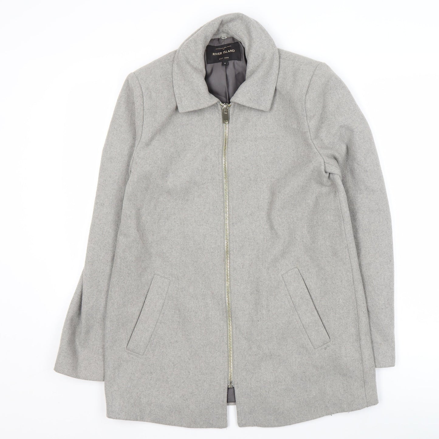 River Island Women's Grey Wool Coat, Size 8, Classic Style