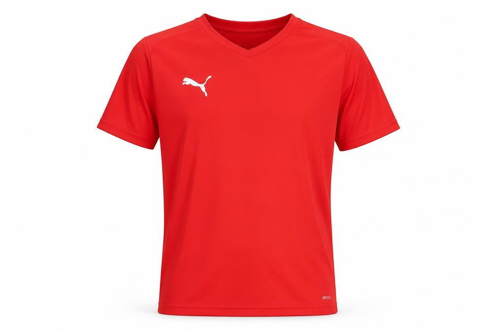 Front view of Puma Men's Red T-Shirt, size S, V-Neck, Gym Wear