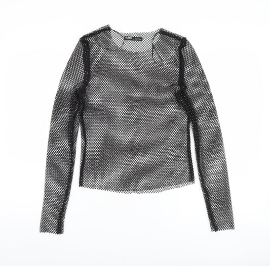 Pull & Bear Women's Black Mesh Slim Fit Long Sleeve Top