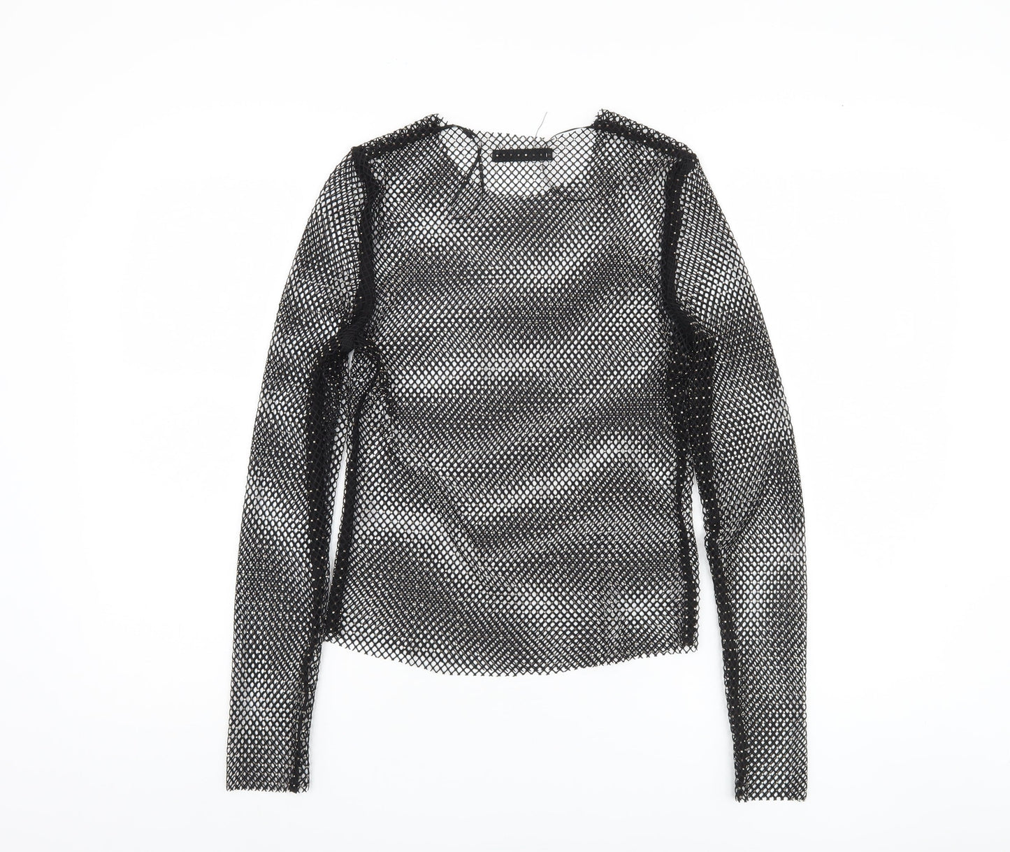 Pull & Bear Women's Black Mesh Slim Fit Long Sleeve Top