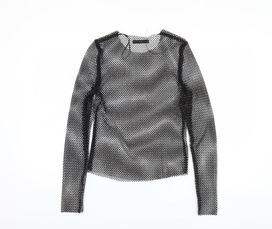 Pull & Bear Women's Black Mesh Slim Fit Long Sleeve Top