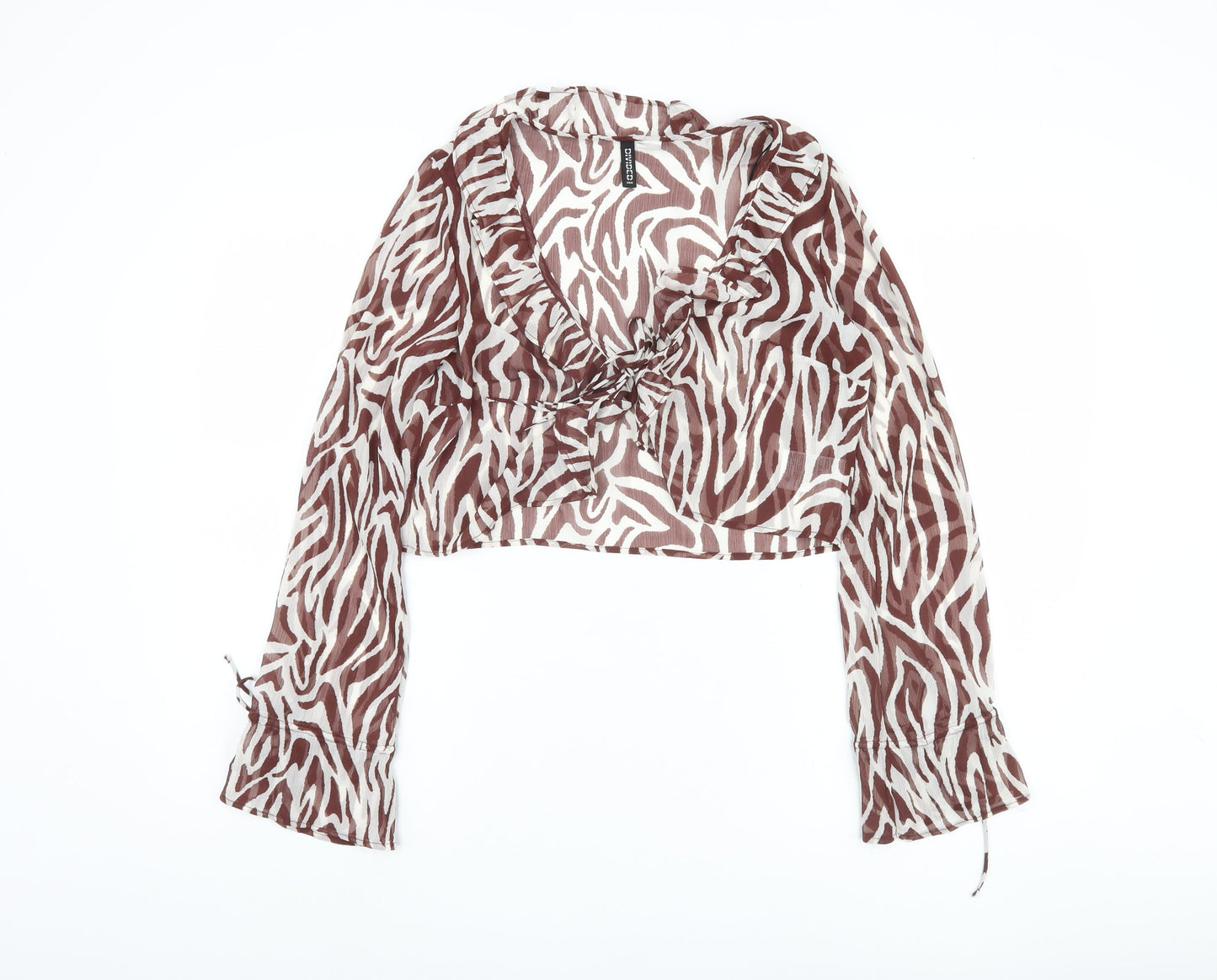 H&M Women's Brown Zebra Print Cropped Top, Size 8, Ruffle Accent