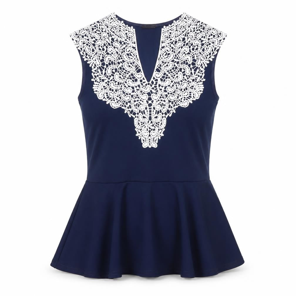 Quiz Women's Blue Sleeveless Blouse with Lace Accents