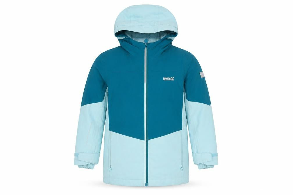 Front view of Regatta girls’ blue parka jacket 11 years hooded mid-length