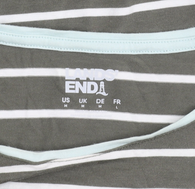 Lands' End Women's Green Striped Long Sleeve T-Shirt