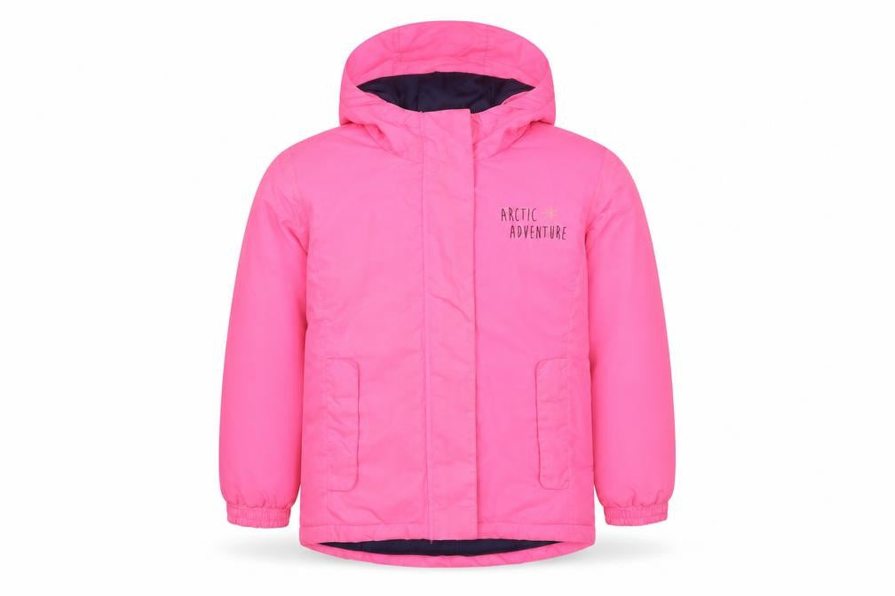 Front view of Crivit girls’ pink puffer jacket 9-10 years hooded waterproof