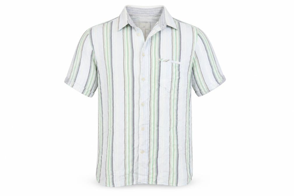 Marks and Spencer Men's Green Striped Button-Up Shirt M