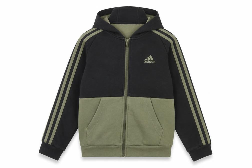 Front view of Adidas boys’ black hoodie, 9-10 years, full zip, colourblock