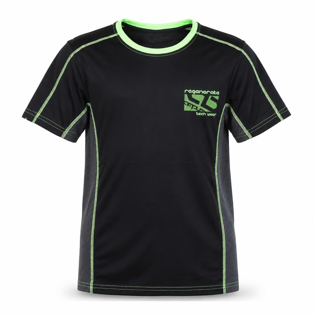 Front view of Yigga boys’ black sport t-shirt, age 13-14, breathable activewear