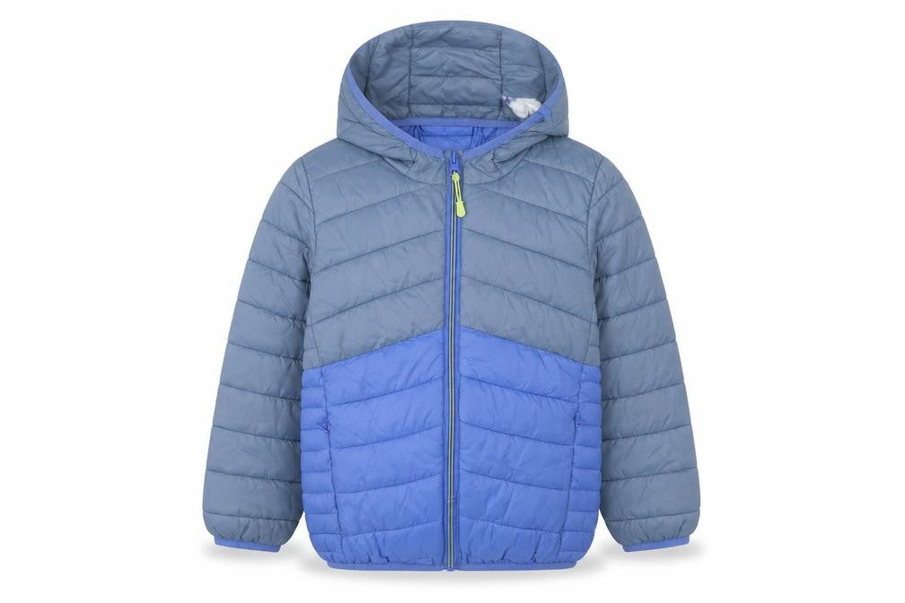 Front view of Marks & Spencer boys’ blue puffer jacket, 6-7 years, hooded