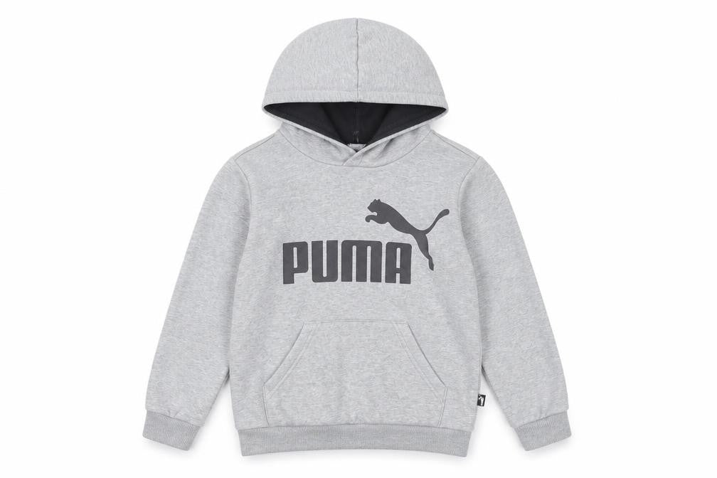Front view of Puma boys’ grey hoodie, 7-8 years, pullover, hooded