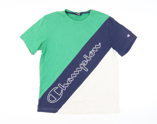 Champion Men's Green Blue White Colourblock T-Shirt, L