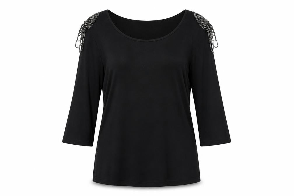 Front view of Marc Lauge Women's Black Beaded 3/4 Sleeve Top XL