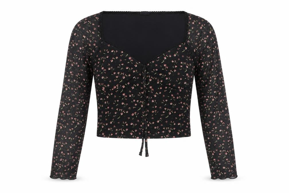 Front view of Urban Outfitters Women's Black Floral Mesh Top