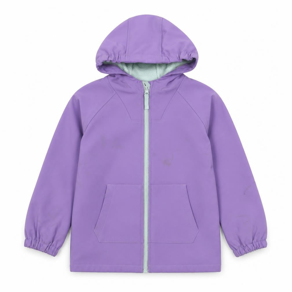 Front view of Mountain Warehouse girls’ purple hooded jacket 9-10 years