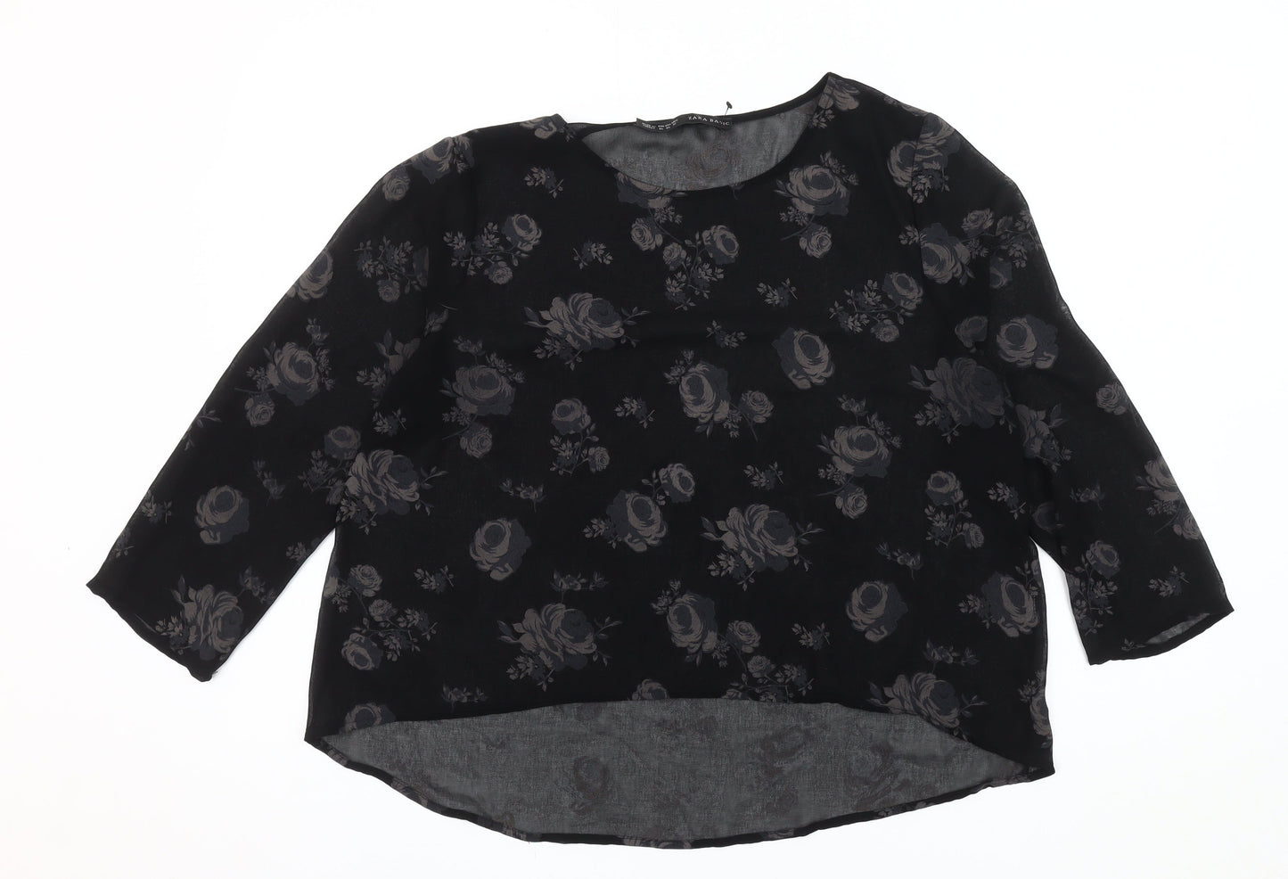 Zara Basic Women's Black Floral Round Neck Top XL
