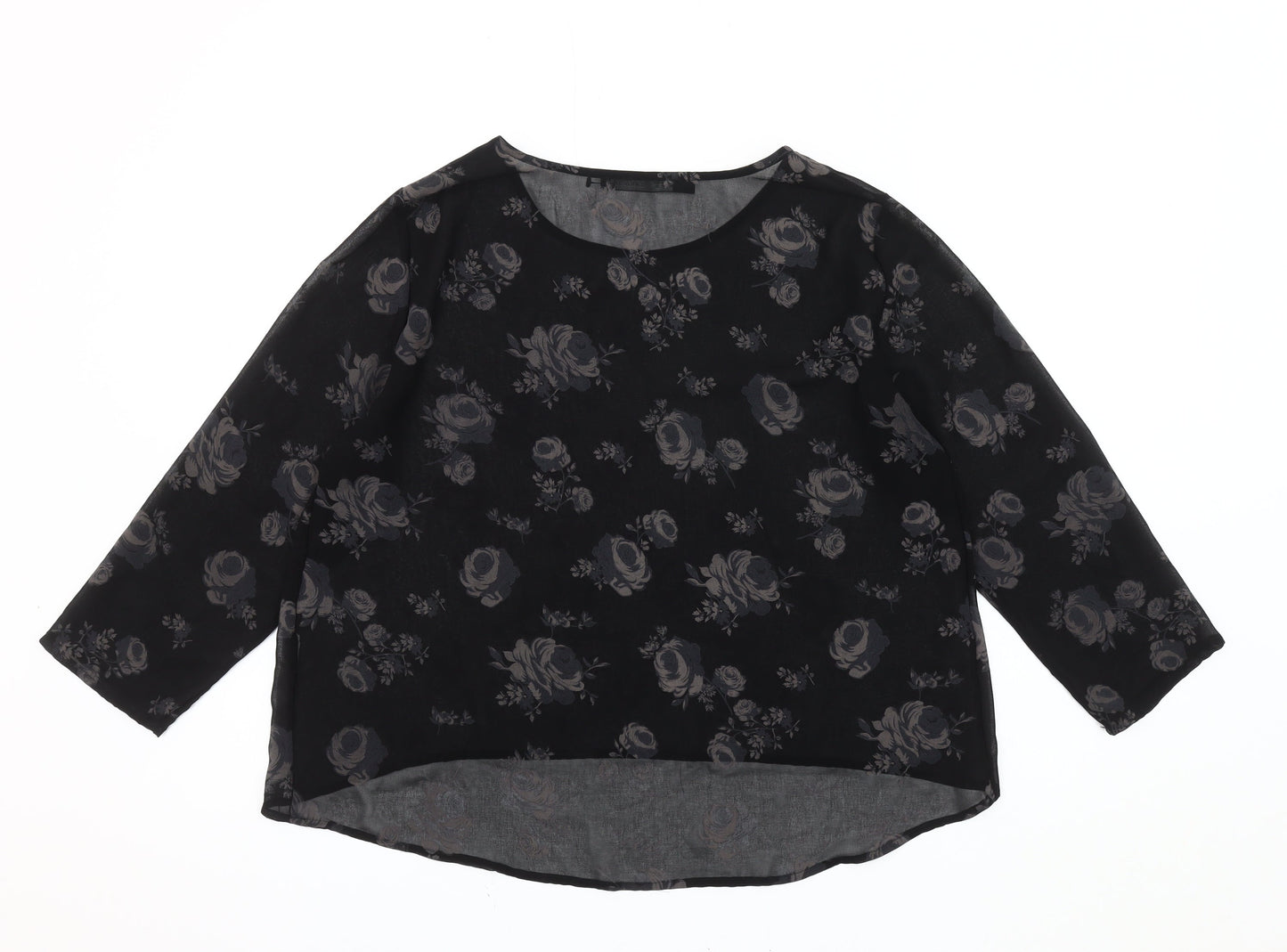 Zara Basic Women's Black Floral Round Neck Top XL