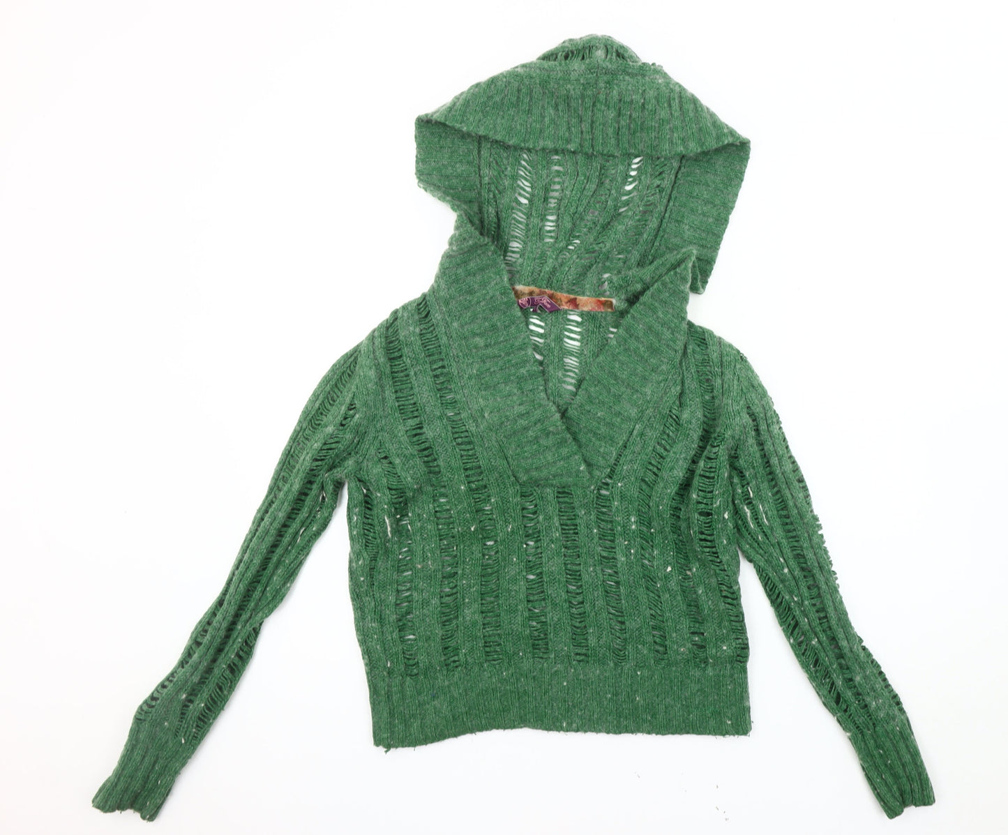 Fat Face Women's Green Open-Knit Hooded Pullover Jumper