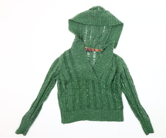Fat Face Women's Green Open-Knit Hooded Pullover Jumper