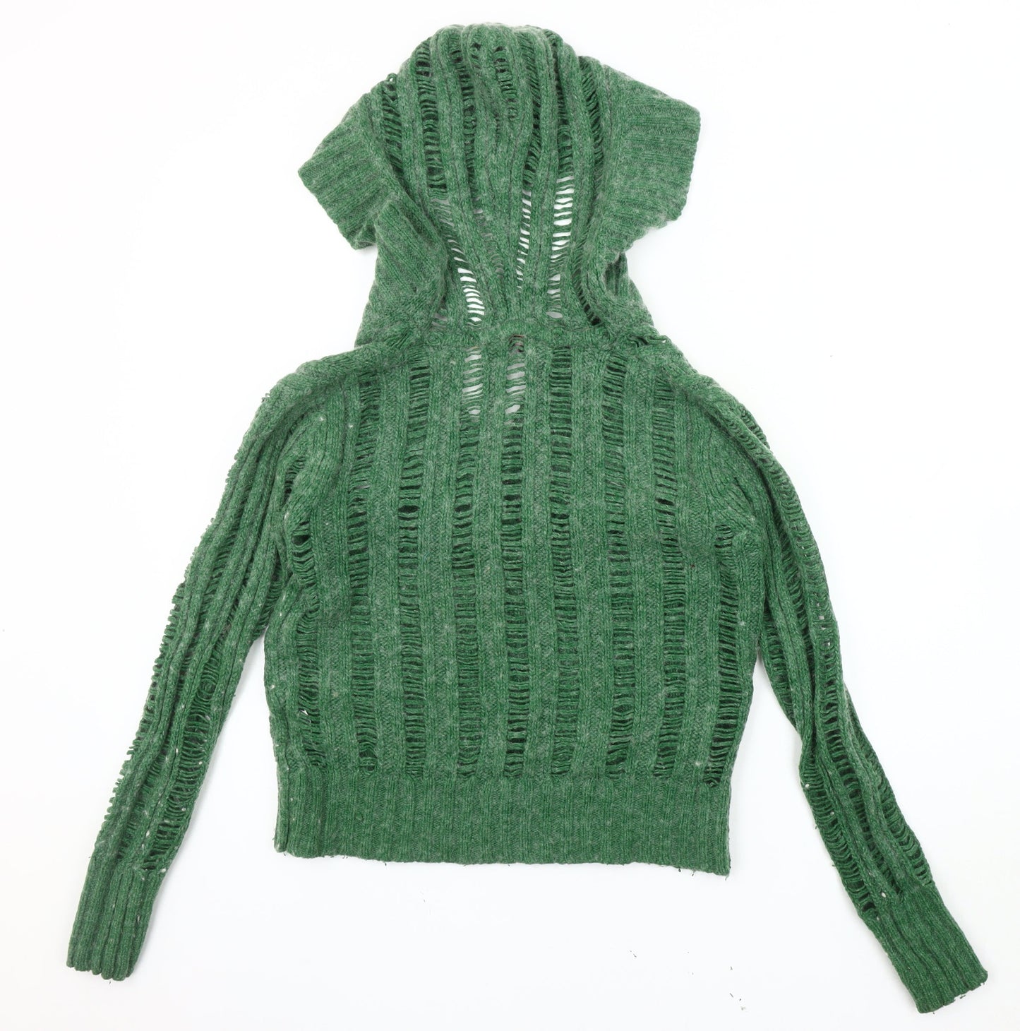 Fat Face Women's Green Open-Knit Hooded Pullover Jumper