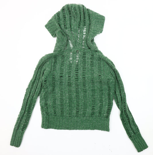 Fat Face Women's Green Open-Knit Hooded Pullover Jumper