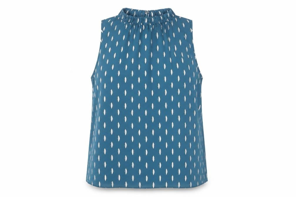 Front view of Principles Petite Blue Geometric Blouse, size 14, Sleeveless
