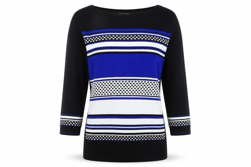 Front view of Principles Petite Black Blue Striped Tunic