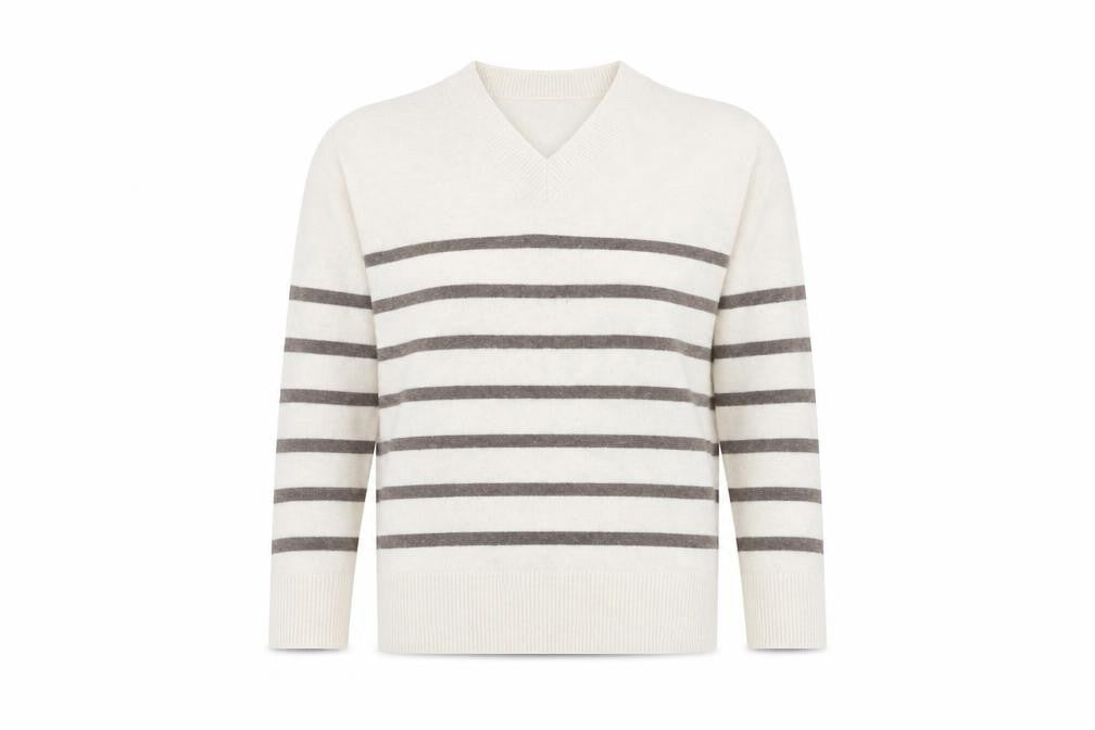 Marks and Spencer Women’s White Striped V-Neck Pullover Jumper