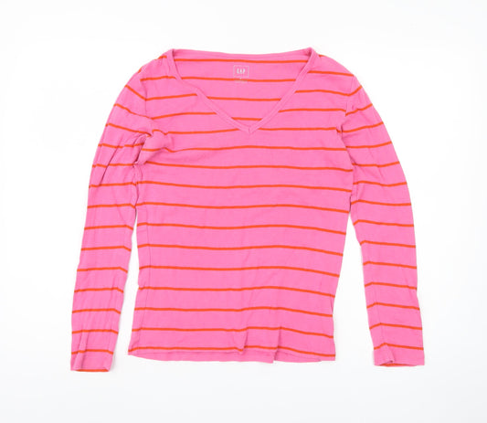 Gap Women's Pink Striped Long Sleeve V-Neck Tee