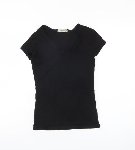 Pull & Bear Women's Black V-Neck T-Shirt - Size S