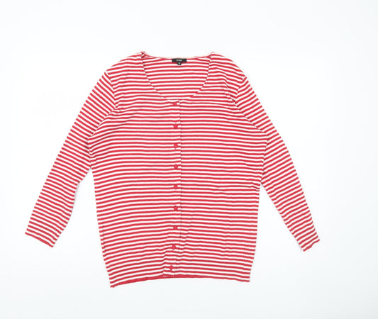 Hobbs Women's Red Striped Cardigan M Scoop Neck