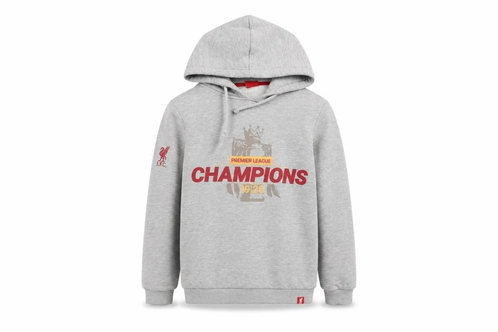 Front view of LFC boys’ grey premier league champions hoodie, 9-10y, pullover