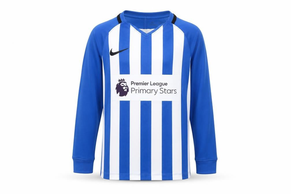 Front view of Nike boys’ blue white nike jersey 10 years football striped top