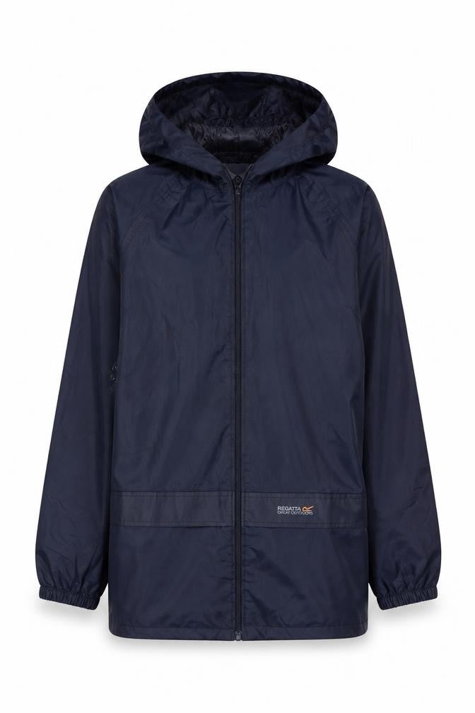 Front view of Regatta boys’ blue hooded rain coat, size 12, lightweight