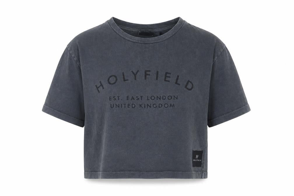Front view of Holyfield girls’ black cropped t-shirt xs 8-10 yrs