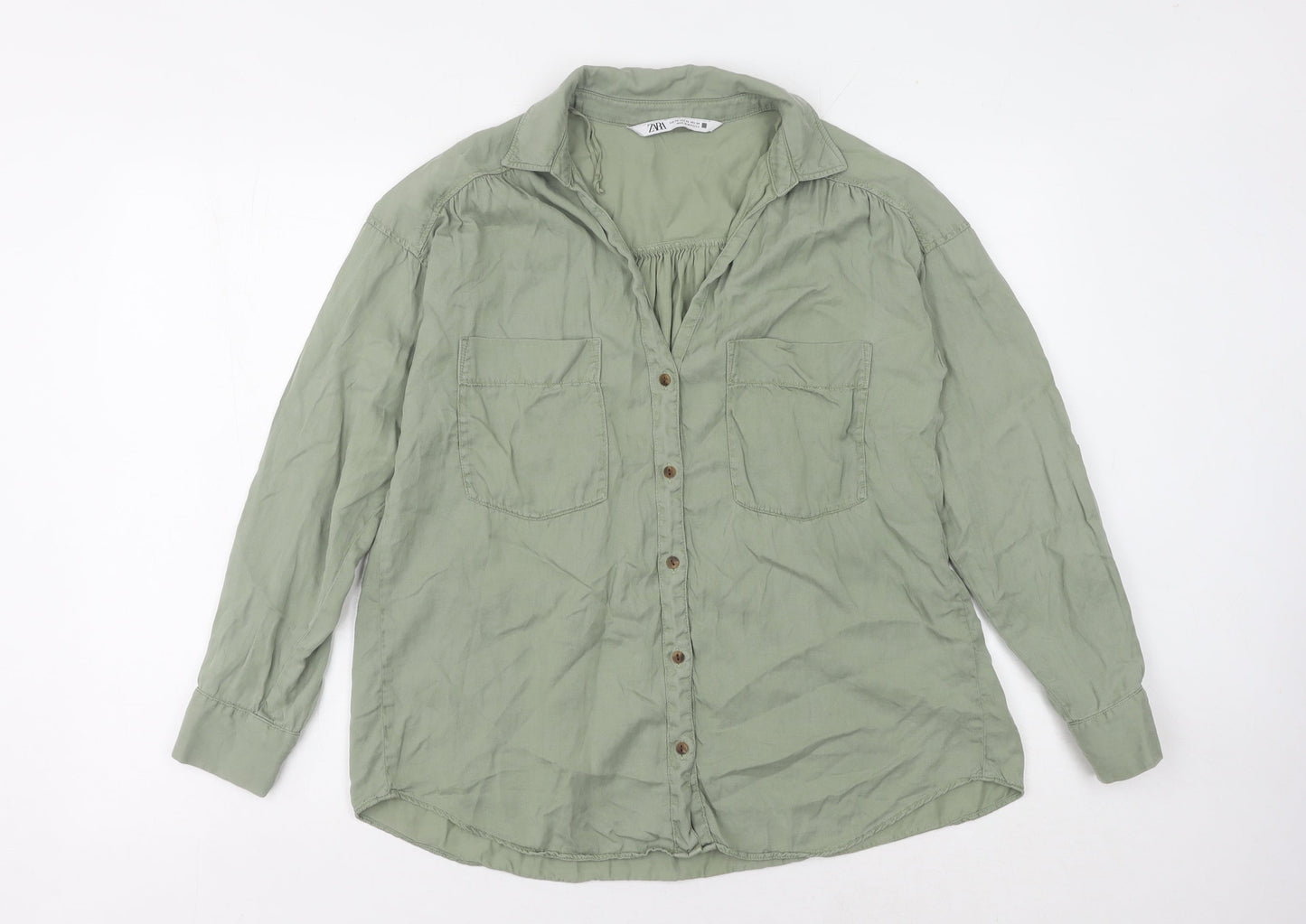 Zara Women's Green Cotton Button-Up Shirt Size 6