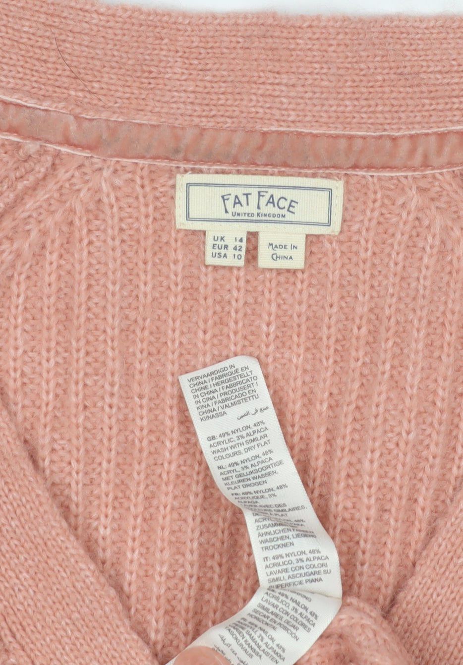 Fat Face Women's Pink Cardigan, UK 14, V-Neck